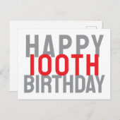 レッドグレイモダンホワイトハはっきりしたッ100誕生日 ポストカード (正面/裏面)