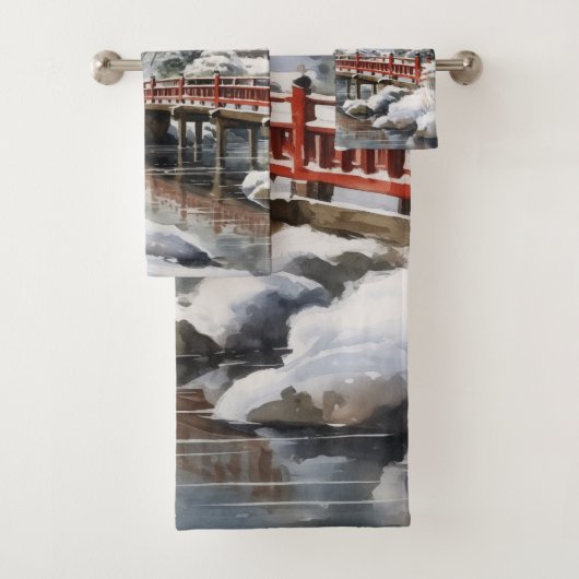 レッドグレイ日本のパゴダ宗利橋の冬 バスタオルセット (インサイチュ)