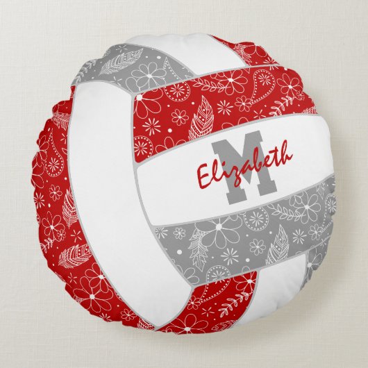 レッドグレーの女の子ボホ羽模様バレーボール ラウンドクッション (正面)