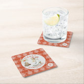 レッドグレーの雪の結晶クリスマスアイススケートモノグラム スクエアペーパーコースター (インサイチュ)