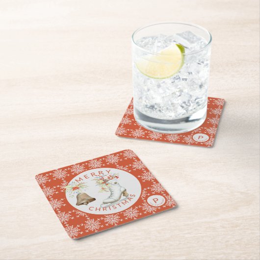 レッドグレーの雪の結晶クリスマスアイススケートモノグラム スクエアペーパーコースター (インサイチュ)