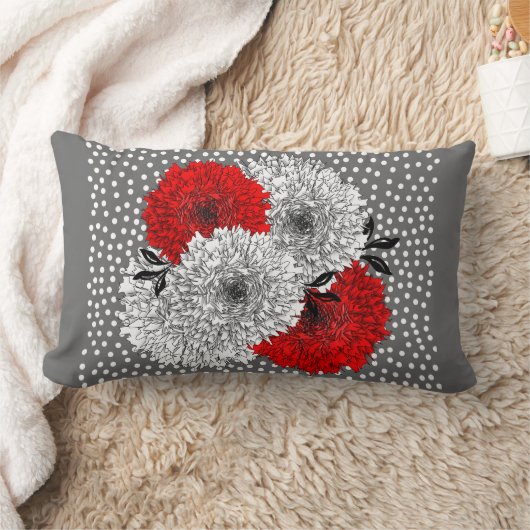 レッドグレーアンドホワイトフローラ水玉模様ミックスデザイン ランバークッション (ブランケット)