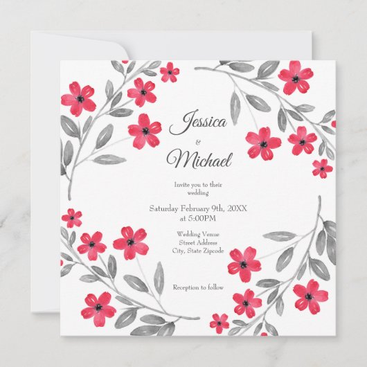 レッドグレーウォーターカラーフローラリース 招待状 (正面)