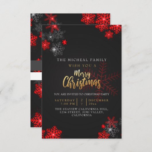 レッドグレーグリッタースパークルスメリークリスマスカスタム 招待状 (正面/裏面)