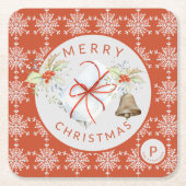 レッドグレースノーフレーククリスマスシークレットサンタモノグラム スクエアペーパーコースター (正面)