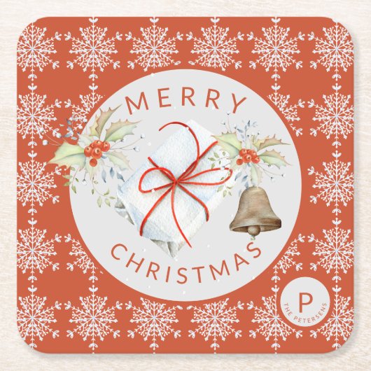 レッドグレースノーフレーククリスマスシークレットサンタモノグラム スクエアペーパーコースター (正面)