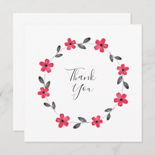 レッドグレーブラックウォーターカラーフローラリース サンキューカード (正面/裏面)