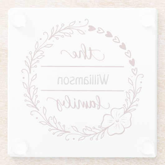 レッドグレーモノグラムファミリー名フローラリース ガラスコースター (裏面)