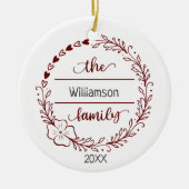 レッドグレーモノグラムファミリー名フローラリース セラミックオーナメント (正面)