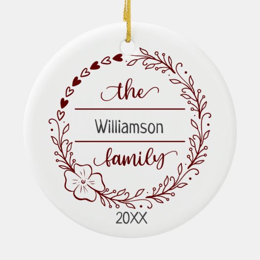 レッドグレーモノグラムファミリー名フローラリース セラミックオーナメント (裏面)