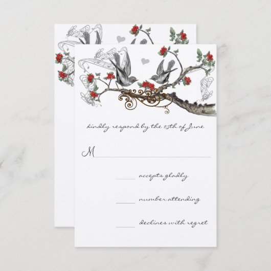 レッドグレーヴィンテージ愛の鳥の森の結婚式の招待 出欠カード (正面/裏面)