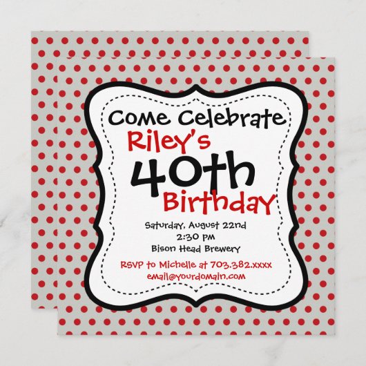 レッドグレー水玉模様40歳誕生日パーティの招待状 招待状 (正面/裏面)