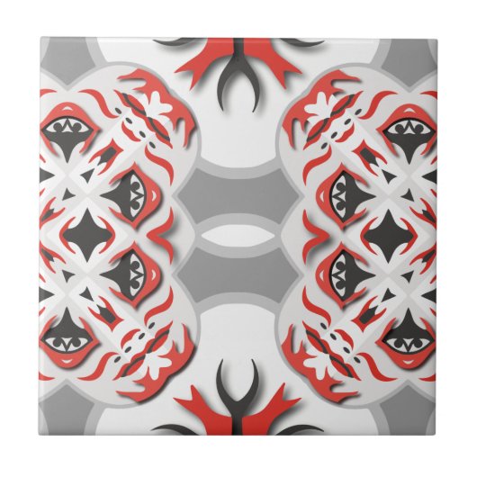 レッドグレー白黒トバル抽象芸術万華鏡のように千変万化するパターン タイル (正面)