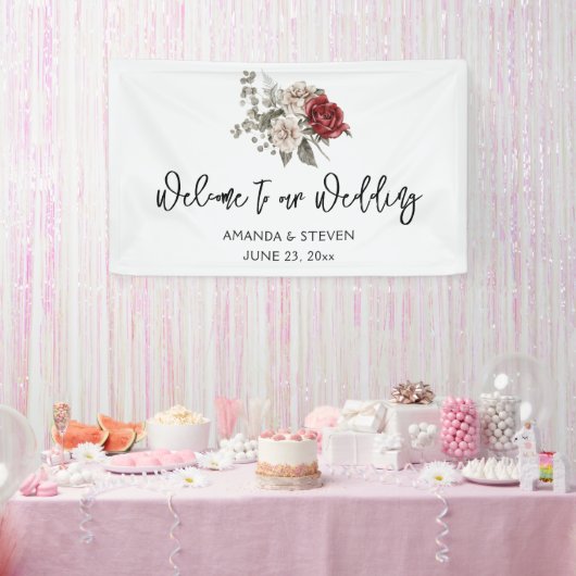 レッドグレー&クリームボホフラワーブーケ結婚ーズ 横断幕 (パーティー)