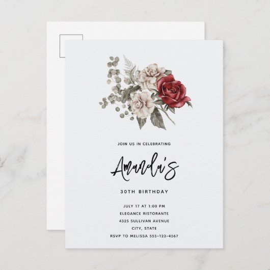 レッドグレー&クリームボホフラワーブーケ誕生日 インビテーションポストカード (正面/裏面)