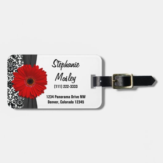 レッドゲルベラデイジーヴィンテージダマスクフローラ ラゲッジタグ (正面横)