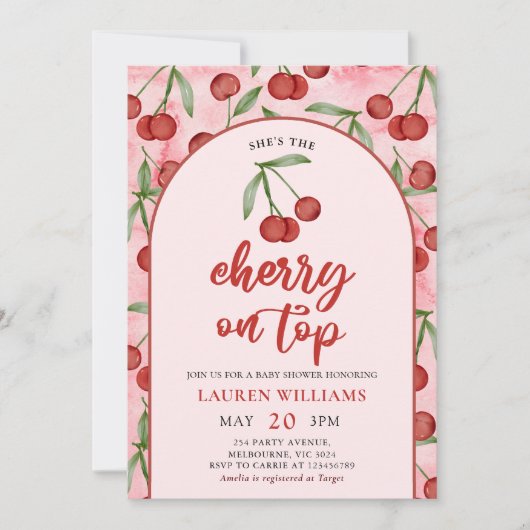 レッドコケットさくらんぼオントップベビーシャワー招待状 招待状 (正面)