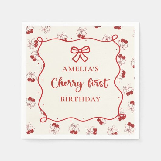 レッドコケットさくらんぼ最初の誕生日ペーパーナプキン スタンダードカクテルナプキン (正面)