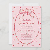 レッドコケットボウバレンタインデーの最初の誕生日パーティー 招待状 (正面)