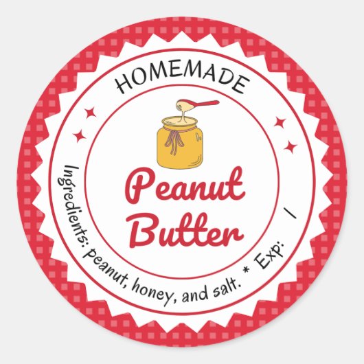レッドコラージホームメイドピーナッツバタープレイド生地 ラウンドシール (正面)