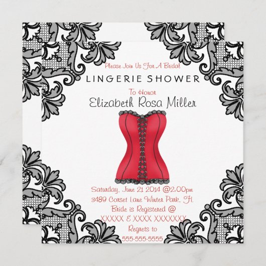 レッドコルセット&ブラックレースランジェリーブライダルシャワー 招待状 (正面/裏面)