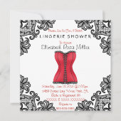 レッドコルセット&ブラックレースランジェリーブライダルシャワー 招待状 (正面)