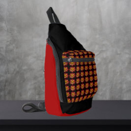 レッドコレットダリアフローラルパターンオンブラック スリングバッグ