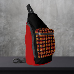 レッドコレットダリアフローラルパターンオンブラック スリングバッグ