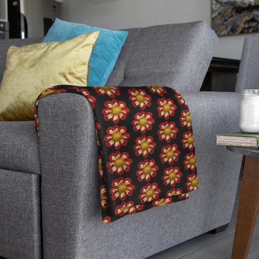 レッドコレットダリアフローラルパターンオンブラック フリースブランケット