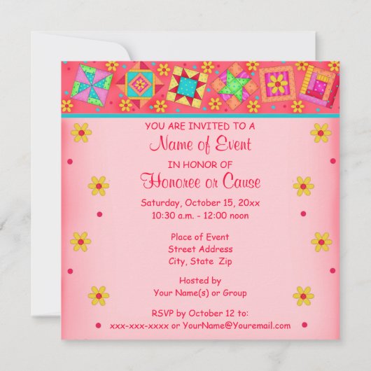 レッドコーラルグリーンパッチワークキルトブロックアート 招待状 (裏面)