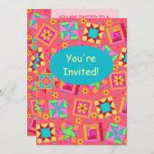 レッドコーラルターコイズパッチワークキルトブロックアート 招待状 (正面/裏面)