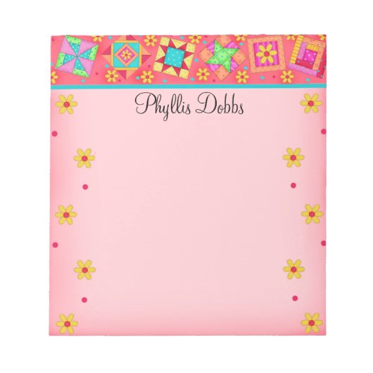 レッドコーラルパッチワークキルトブロックアート ノートパッド (正面)