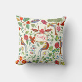 レッドコーラルライムピンク薄紫フローラバードパターン クッション (正面)