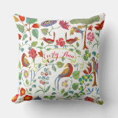 レッドコーラルライムピンク薄紫フローラバードパターン クッション (正面)