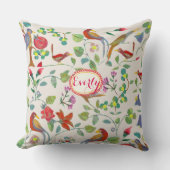 レッドコーラルライムピンク薄紫フローラバードパターン クッション (正面)