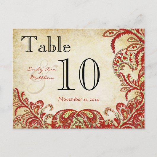 レッドコーラルライム結婚ペイズリーのテーブル番号 ポストカード (正面)