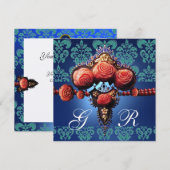 レッドコーラルローズ、アクアブルーゴールドダマスクモノグラム 招待状 (正面/裏面)