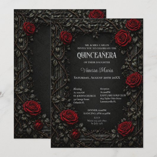 レッドゴシックハロウィンフローラル quinceanera 招待状 (正面/裏面)