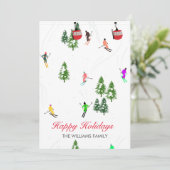 レッドゴンドラパーソナライズされたスキーホリデーイラストレーション シーズンカード (スタンド正面)