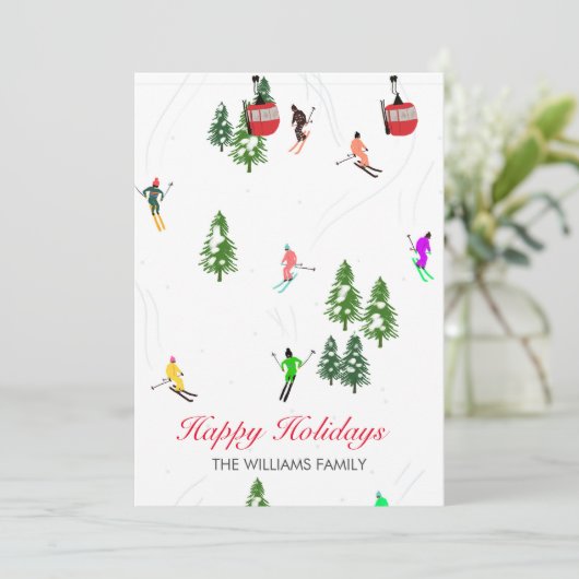 レッドゴンドラパーソナライズされたスキーホリデーイラストレーション シーズンカード (スタンド正面)