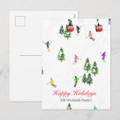 レッドゴンドラパーソナライズされたスキーホリデーイラストレーション シーズンポストカード (正面/裏面)