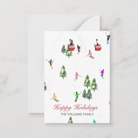 レッドゴンドラパーソナライズされたスキーホリデーイラストレーション ノートカード (正面)