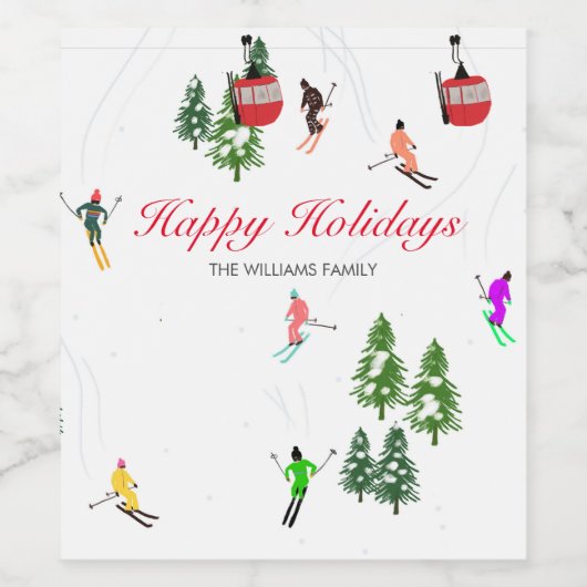 レッドゴンドラパーソナライズされたスキーホリデーイラストレーション ワインラベル (シングルラベル)