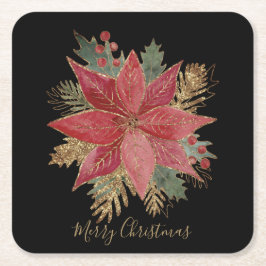 レッドゴールデンポインセチア花メリークリスマス スクエアペーパーコースター