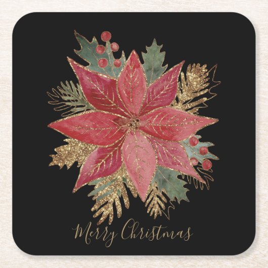 レッドゴールデンポインセチア花メリークリスマス スクエアペーパーコースター (正面)
