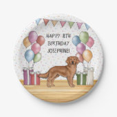 レッドゴールデンレトリエバーカラフルパステル誕生日 ペーパープレート (正面)
