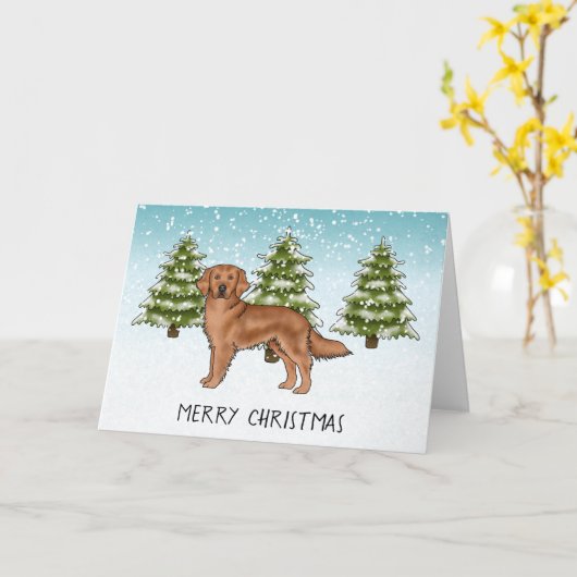 レッドゴールデンレトリエバードッグウィンターメリークリスマス カード (黄色い花)