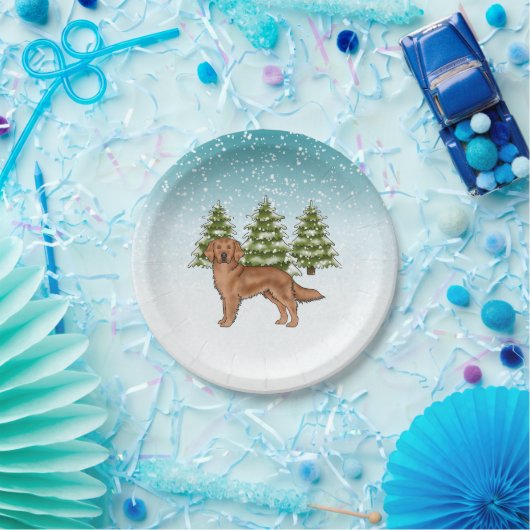 レッドゴールデンレトリエバードッグブルーウィンタークリスマス ペーパープレート (パーティー)