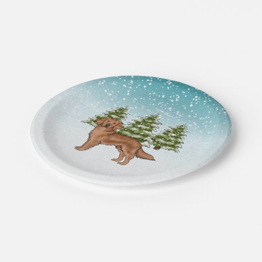 レッドゴールデンレトリエバードッグブルーウィンタークリスマス ペーパープレート (アングル)