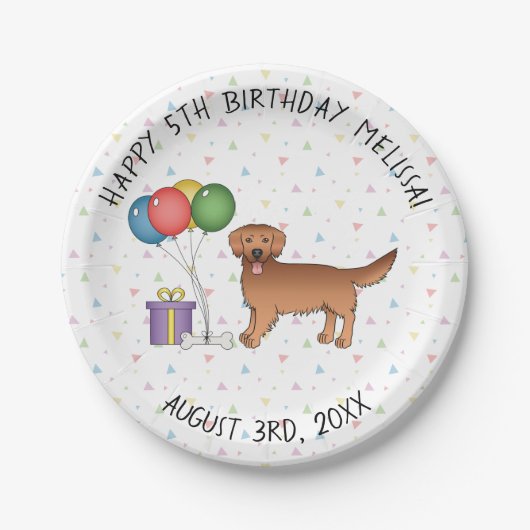 レッドゴールデンレトリバーかわいい漫画の犬 – 誕生日 ペーパープレート (正面)